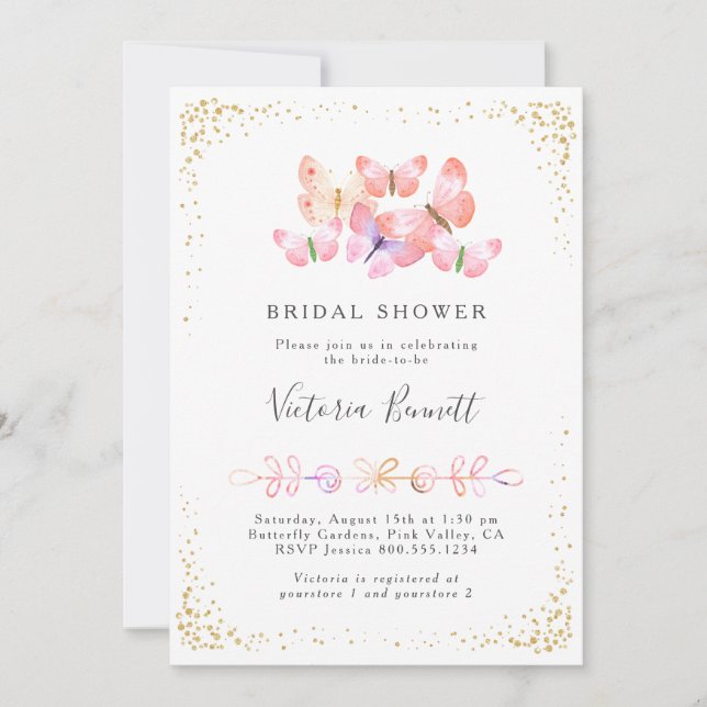 Butterfly Skies Coral Gold Confetti Bridal Shower Invitation (Front)