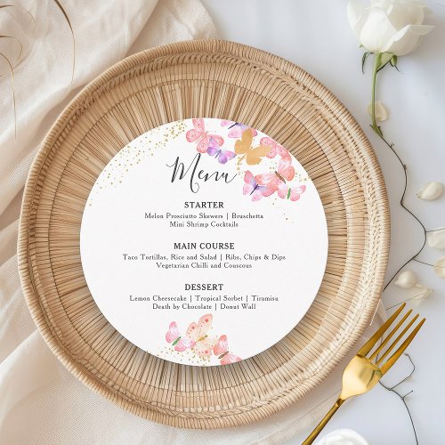 Butterfly Skies Coral Gold Confetti Round Menu