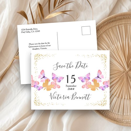 Butterfly Skies Coral Gold Confetti Save the Date Announcement Postcard