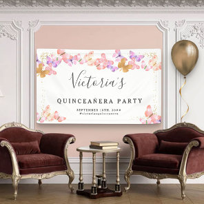 Butterfly Skies Coral Pink Gold Butterflies Party Banner