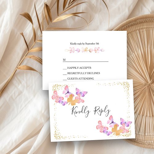 Butterfly Skies Coral Pink Gold Confetti RSVP Card