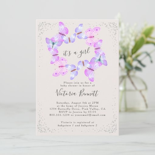 Butterfly Skies Pink It's a Girl Baby Shower Invitation | Zazzle