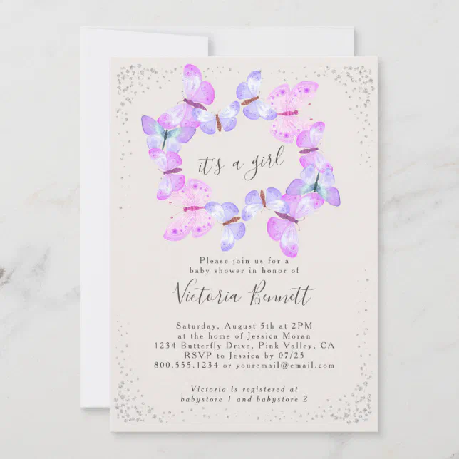 Butterfly Skies Pink It's A Girl Baby Shower Invitation 