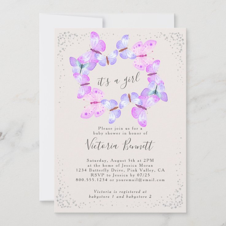 Butterfly Skies Pink It's a Girl Baby Shower Invitation | Zazzle