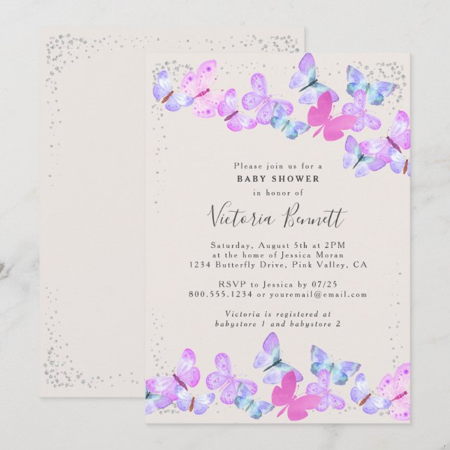 Butterfly Skies Pink Silver Confetti Baby Shower Invitation (Front/Back)