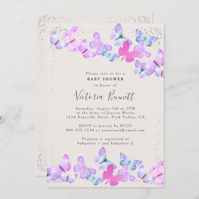 Butterfly Skies Pink Silver Confetti Baby Shower Invitation | Zazzle