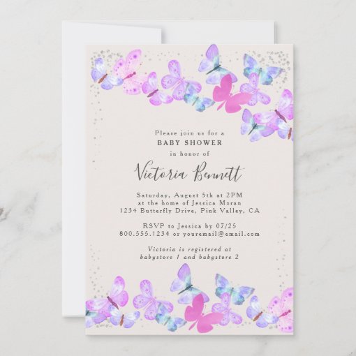 Butterfly Skies Pink Silver Confetti Baby Shower Invitation | Zazzle