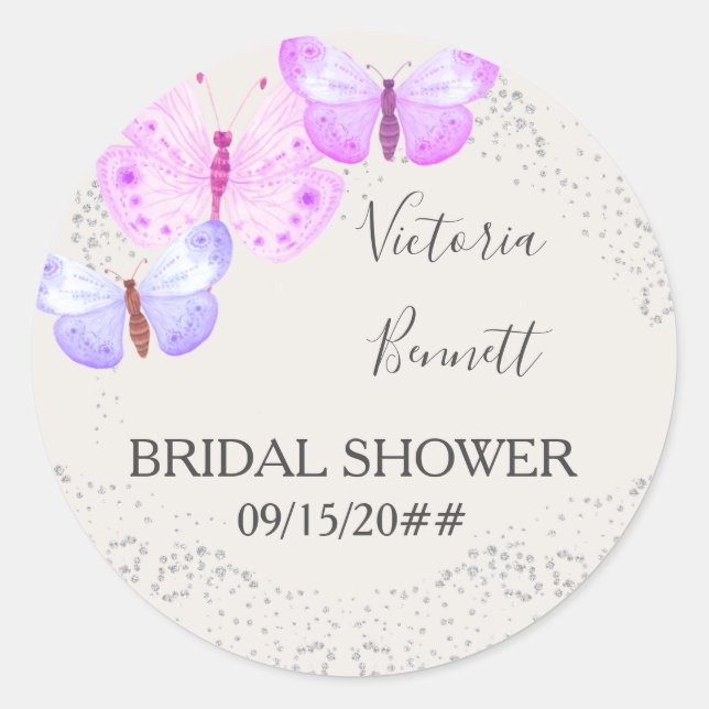 Butterfly Skies Pink Silver Confetti Favor Sticker (Front)