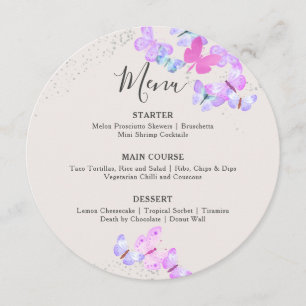 Butterfly Skies Pink Silver Confetti Round Menu