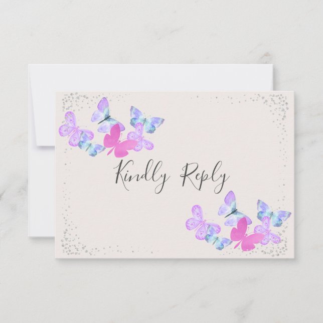 Butterfly Skies Pink Silver Confetti RSVP Card (Front)