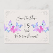 Butterfly Skies Pink Silver Confetti Save the Date Announcement Postcard (Front)