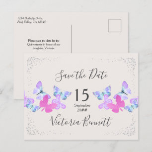 Butterfly Skies Pink Silver Confetti Save the Date Announcement Postcard