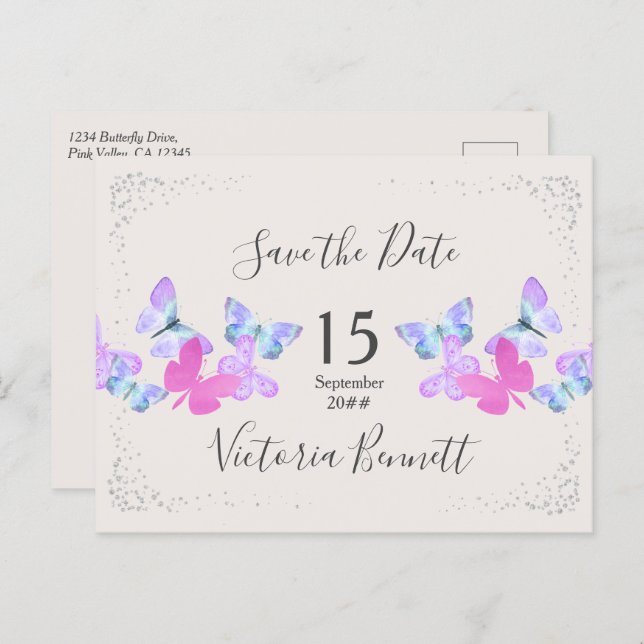 Butterfly Skies Pink Silver Confetti Save the Date Announcement Postcard (Front/Back)