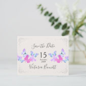 Butterfly Skies Pink Silver Confetti Save the Date Announcement Postcard (Standing Front)