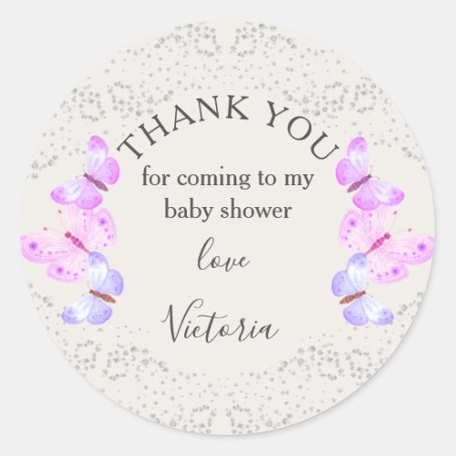 Butterfly Skies Pink Silver Confetti Thank You Classic Round Sticker