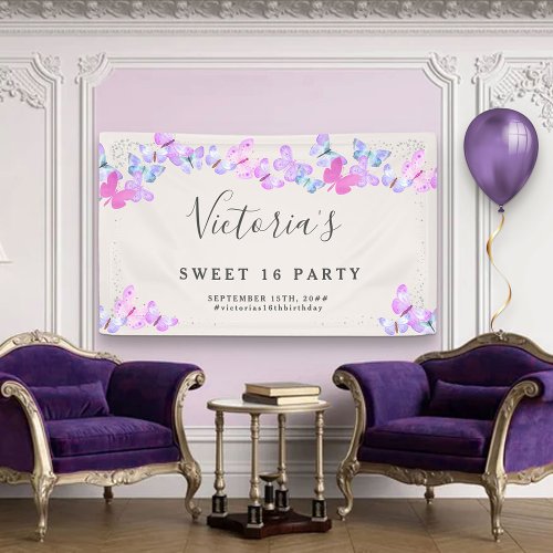 Butterfly Skies Pink Watercolor Butterflies Party  Banner