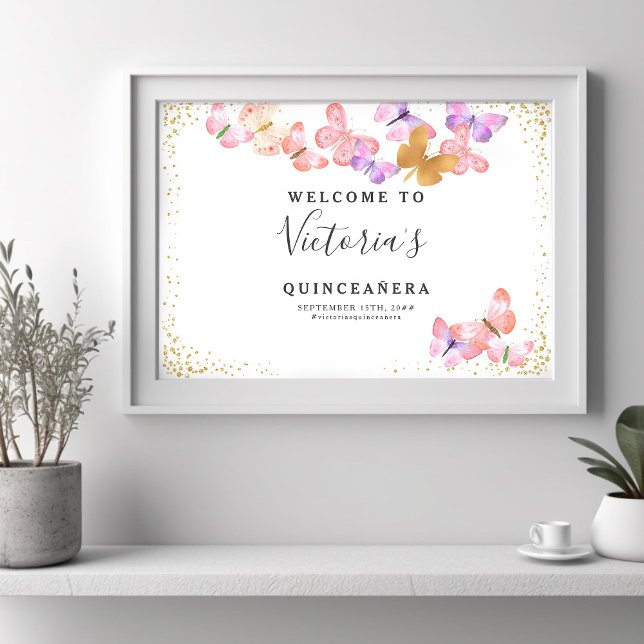 Butterfly Skies Welcome Poster Gold Confetti (Welcome Poster from my Butterfly Skies Quinceanera collections - order printed or digital)