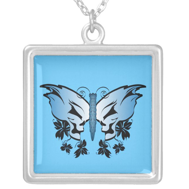 Butterfly Skull - Blue Silver Plated Necklace (Front)