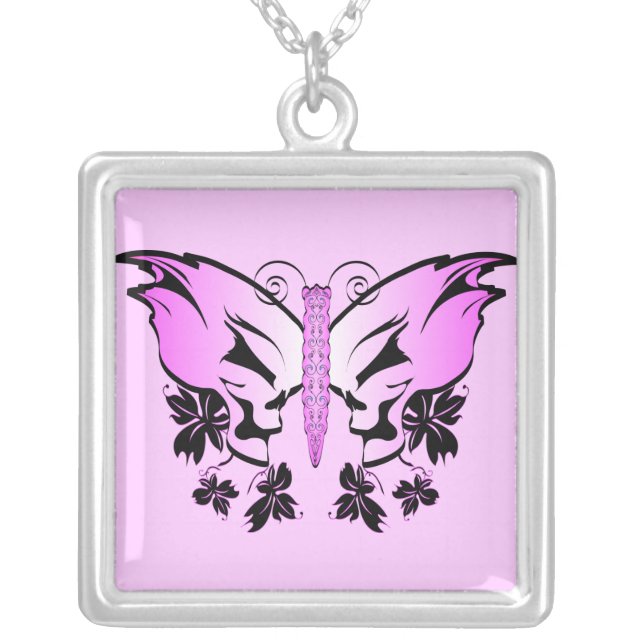 Butterfly Skull - Pink Silver Plated Necklace (Front)