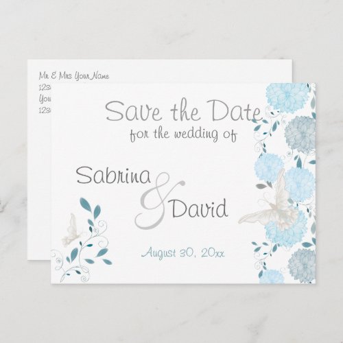 Butterfly Sky Blue Chrysanthemum Save the Date Announcement Postcard