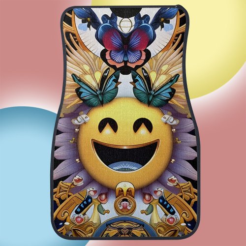Butterfly Smile Emoji Happy Yellow Colorful Trippy Car Floor Mat