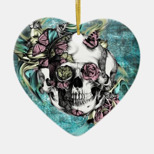 Butterfly smoke skull in blue pink and yellow ceramic ornament