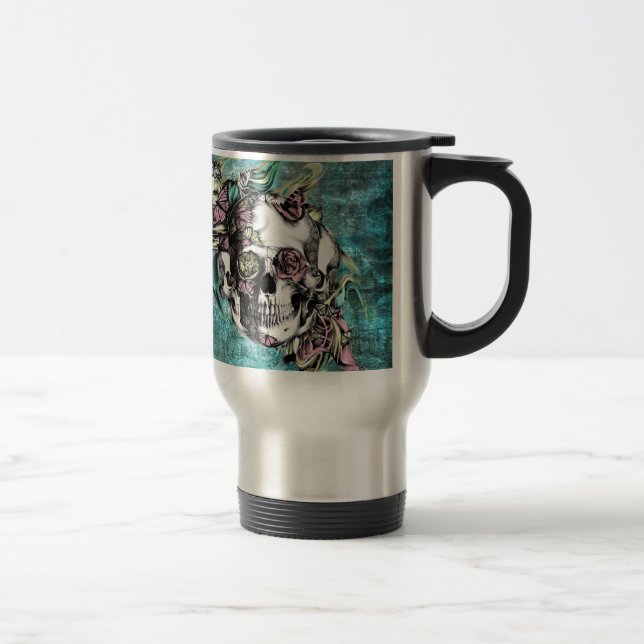 Butterfly smoke skull in blue pink and yellow. travel mug (Right)