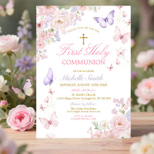 Butterfly Soft Floral First Holy Communion Invitation