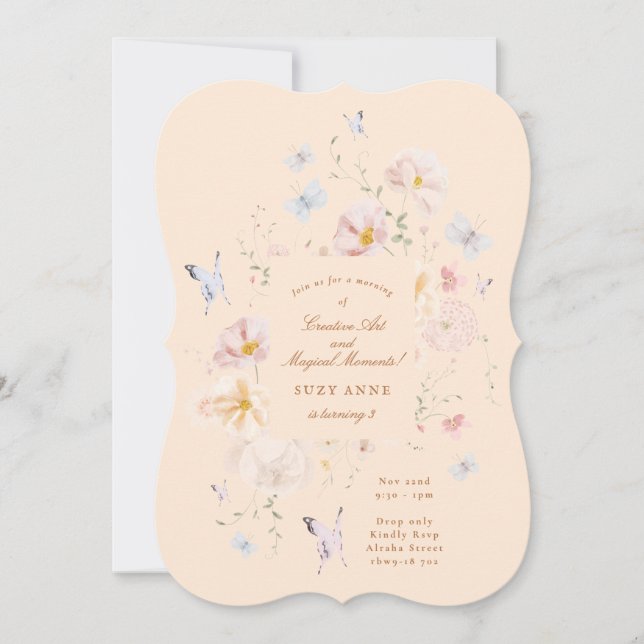 Butterfly & Soft Floral Girls Third Kids Birthday Invitation (Front)