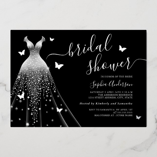 Butterfly Sparkle Dress Bridal Shower  Foil Invitation (Front)