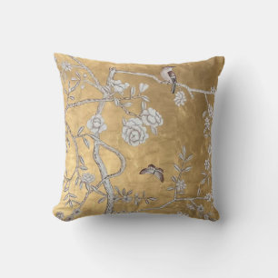 Butterfly & Sparrow Golden Oriental Garden Scene Throw Pillow