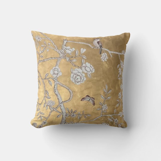 Butterfly & Sparrow Golden Oriental Garden Scene Throw Pillow (Front)