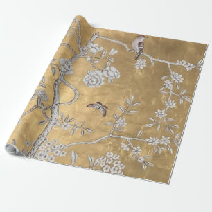 Butterfly & Sparrow Golden Oriental Garden Scene Wrapping Paper