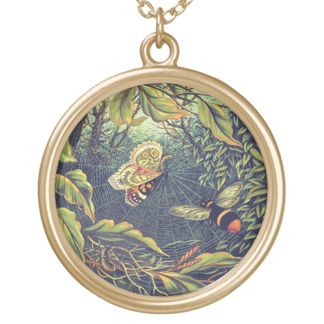 Butterfly spiderweb bee victorian garden gold plated necklace (Front)