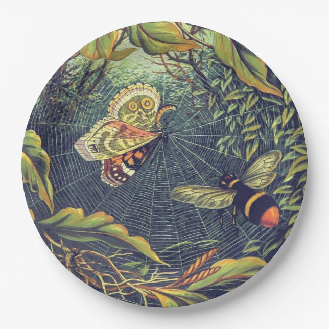Butterfly spiderweb bee vintage garden paper plates (Front)