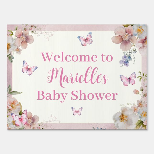 Butterfly Spring Baby Girl Shower Welcome Sign (Front)