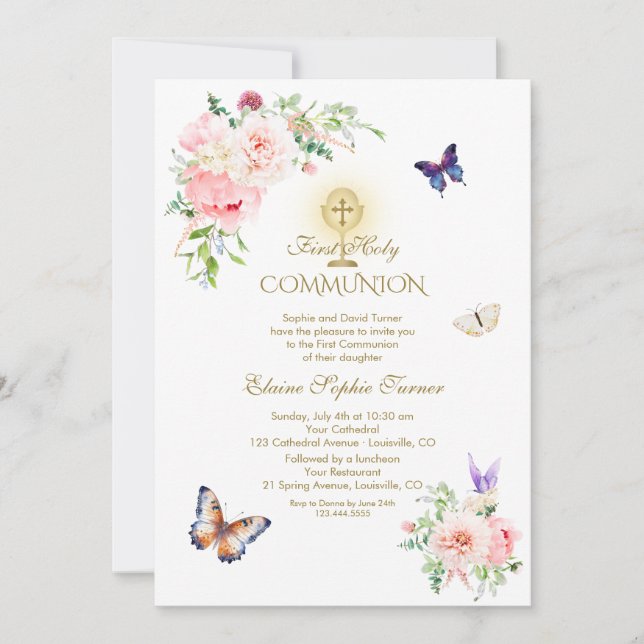 Butterfly Spring Blush Floral Gold Holy Communion Invitation (Front)