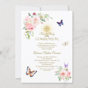Butterfly Spring Blush Floral Gold Holy Communion Invitation