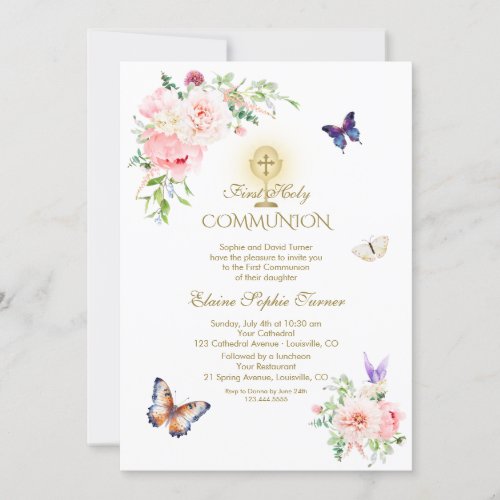 Butterfly Spring Blush Floral Gold Holy Communion Invitation