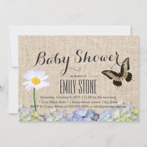 Butterfly &amp; Spring Flowers Burlap Baby Shower 5x7 Paper Invitation Card