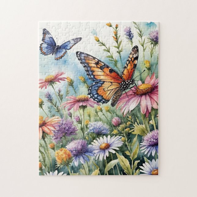 Butterfly Spring Meadow Wildflowers Watercolor Jigsaw Puzzle (Vertical)