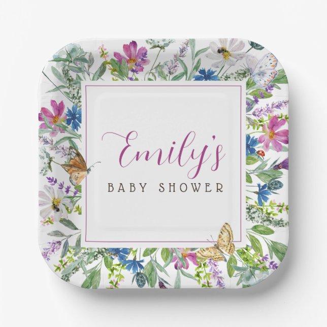 Butterfly Spring Wildflower Baby Shower Sign Paper Plates (Front)