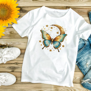 Butterfly Stars Celestial Black Gold Teal Boho T-Shirt