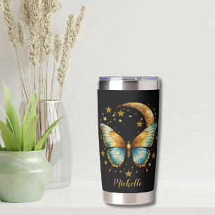 Butterfly Stars Celestial Monogram Name Black Gold Insulated Tumbler