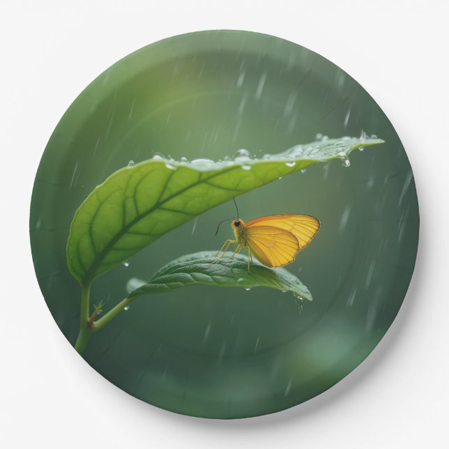 Butterfly Staying Dry Under a Leaf Paper Plates (Front)