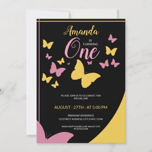 Butterfly Stunning Pink and Gold Girl 1st Birthday Invitation