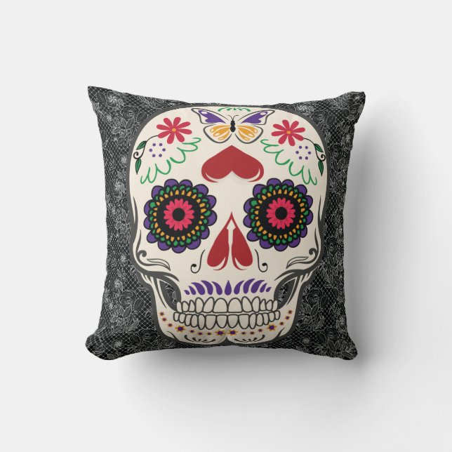 Butterfly Sugar Skull Day of the Dead Mexican Art Throw Pillow (Front)