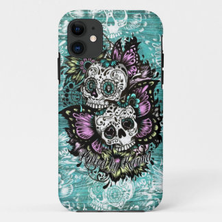 Butterfly sugar skulls illustration in blue. iPhone 11 case