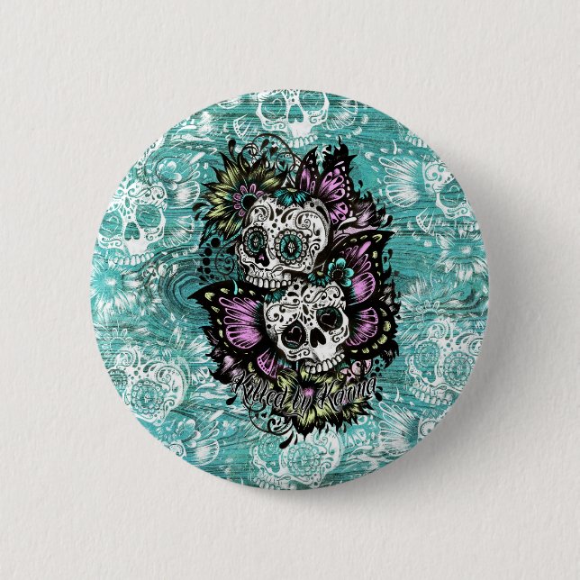 Butterfly sugar skulls illustration in blue. pinback button (Front)
