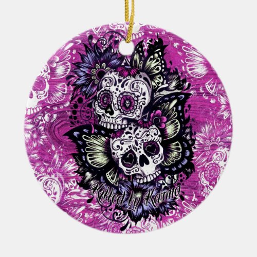 Butterfly sugar skulls on pink wood base ceramic ornament